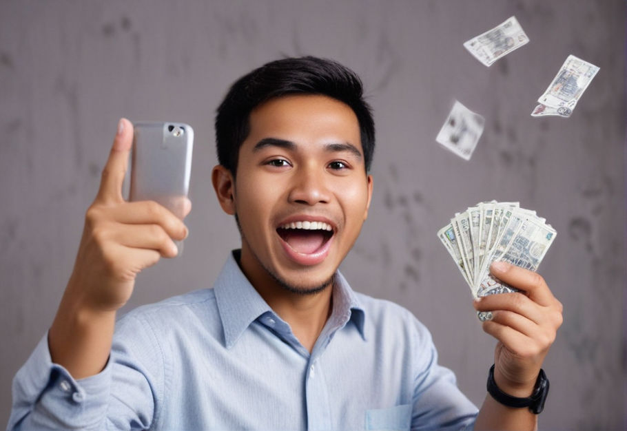 Indonesian man excited, like winning in a lottery, while holding his smartphone in his hand.