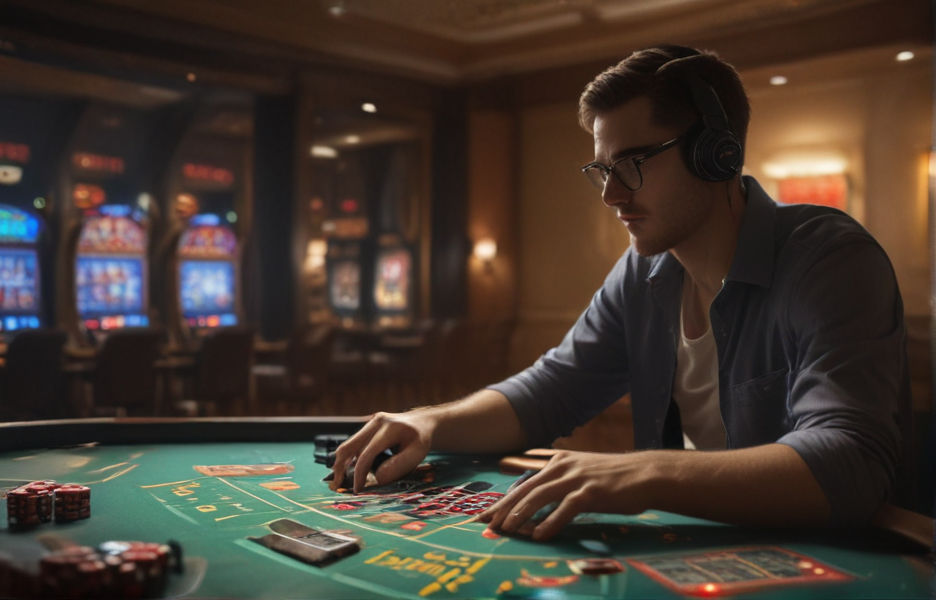 A gamer transitions seamlessly to an online casino, deftly navigating digital cards and roulette wheels with skill and precision.