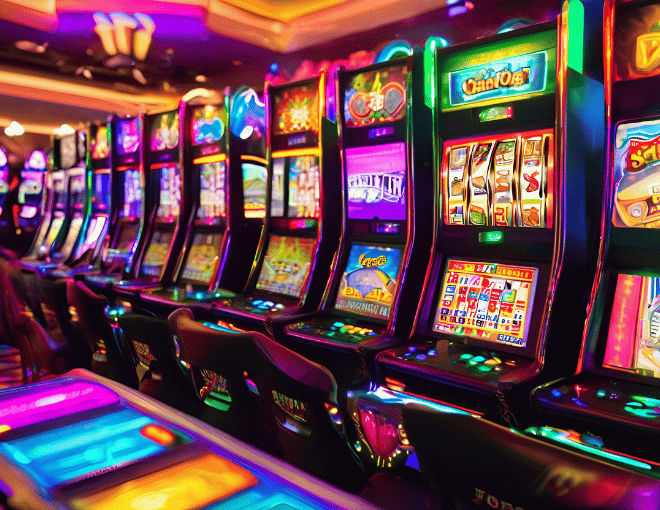 Bright casino-themed video game screen, players captivated by vibrant colors, flashing lights, and spinning reels, highlighting the addictive allure of gambling mechanics.