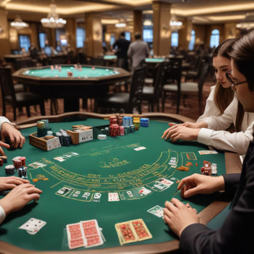 A player seated at a virtual baccarat table, cards dealt, and chips stacked, engaging attentively.