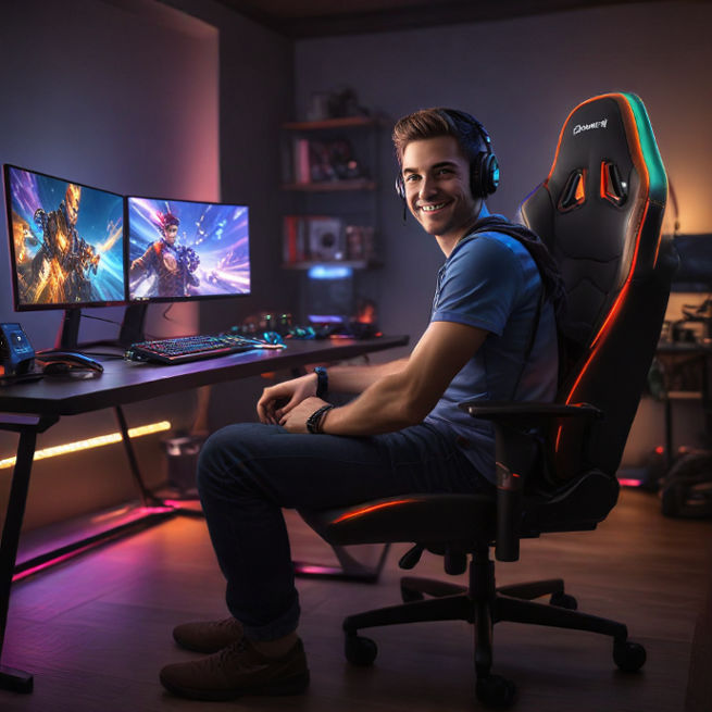 A video-gamer in an RGB-lit room, smiling at his gaming PC, celebrating a big gaming win.