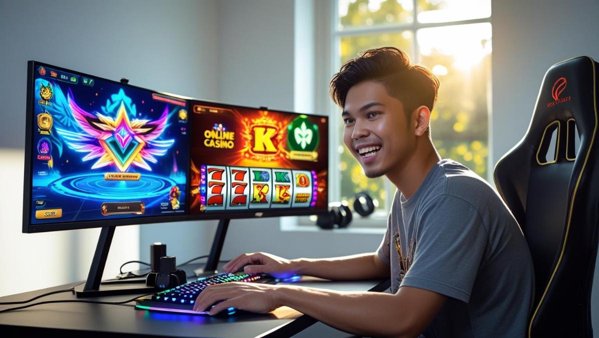 Young man gaming on dual screens in bright daylight with visible casino interface.