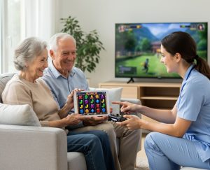 A care giver guiding a senior couple in playing video games