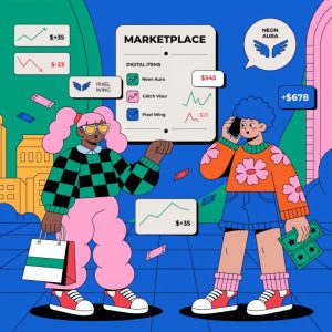 A futuristic in-game marketplace with avatars trading digital items, glowing currencies, and charts