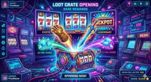 A video game loot box opening with glowing rare items emerging, mixed with casino slot machine visuals