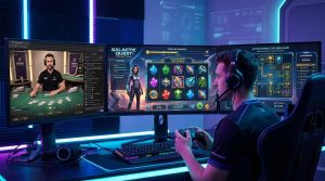 A high-tech digital environment combining online casino elements with video game aesthetics, featuring immersive slot games with storylines, live dealer streaming screens, interactive bonus rounds, and a gamer holding a controller while playing on a multi-screen setup.