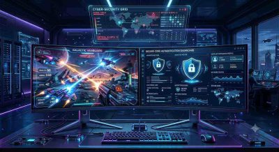 a modern, glowing cyber-security control dashboard overlaid across a dual setup of high-end gaming monitors
